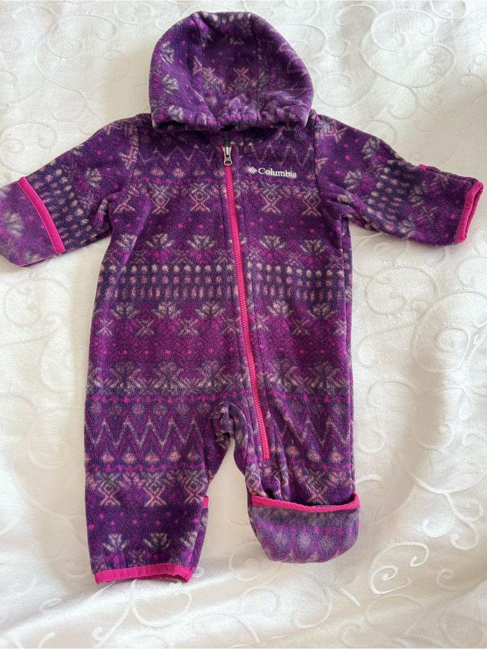 NWOT Columbia Baby Girl Purple Fair Isle Fleece Hooded Bunting 0-3M